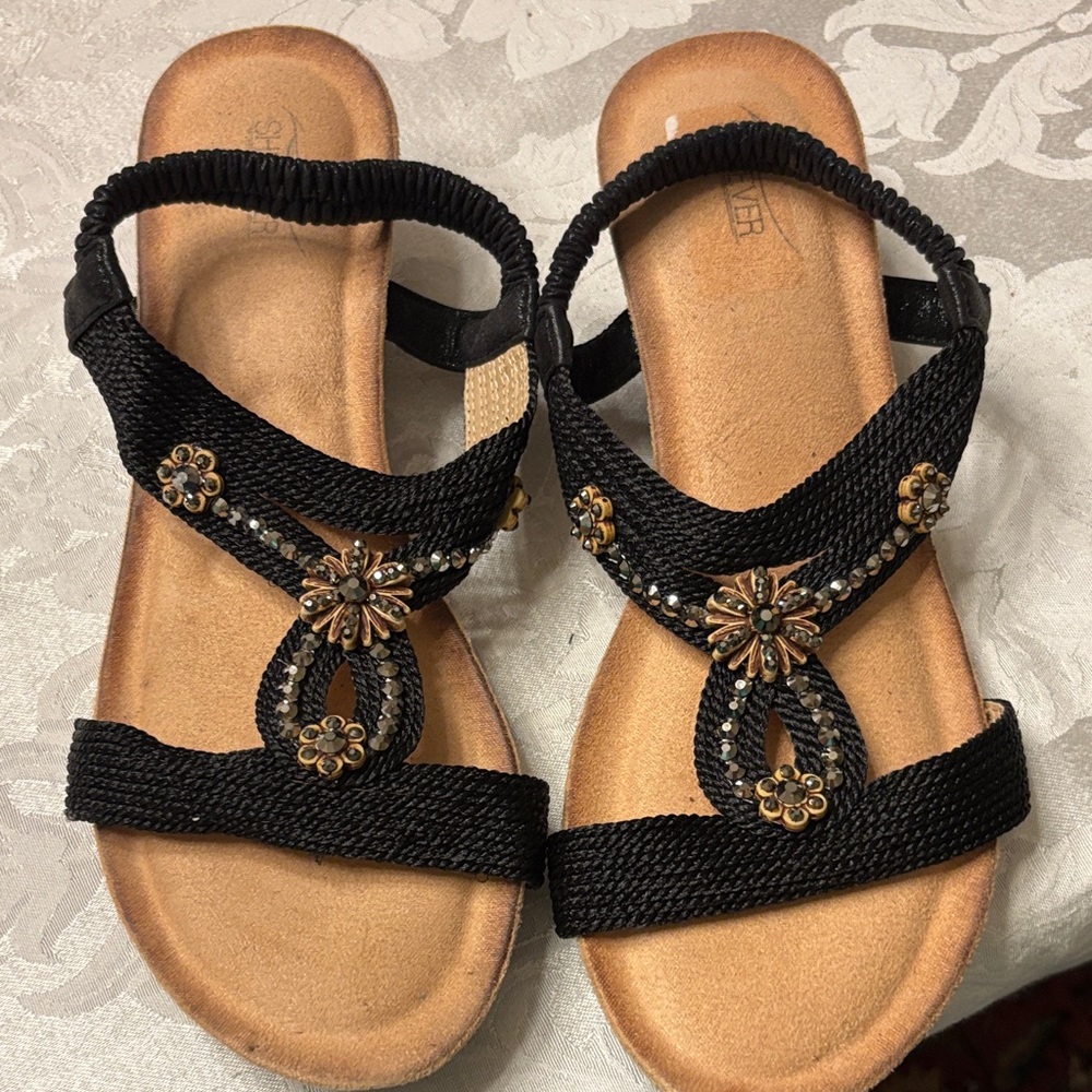 Black Embellished Women's Sandals with Gold Accents